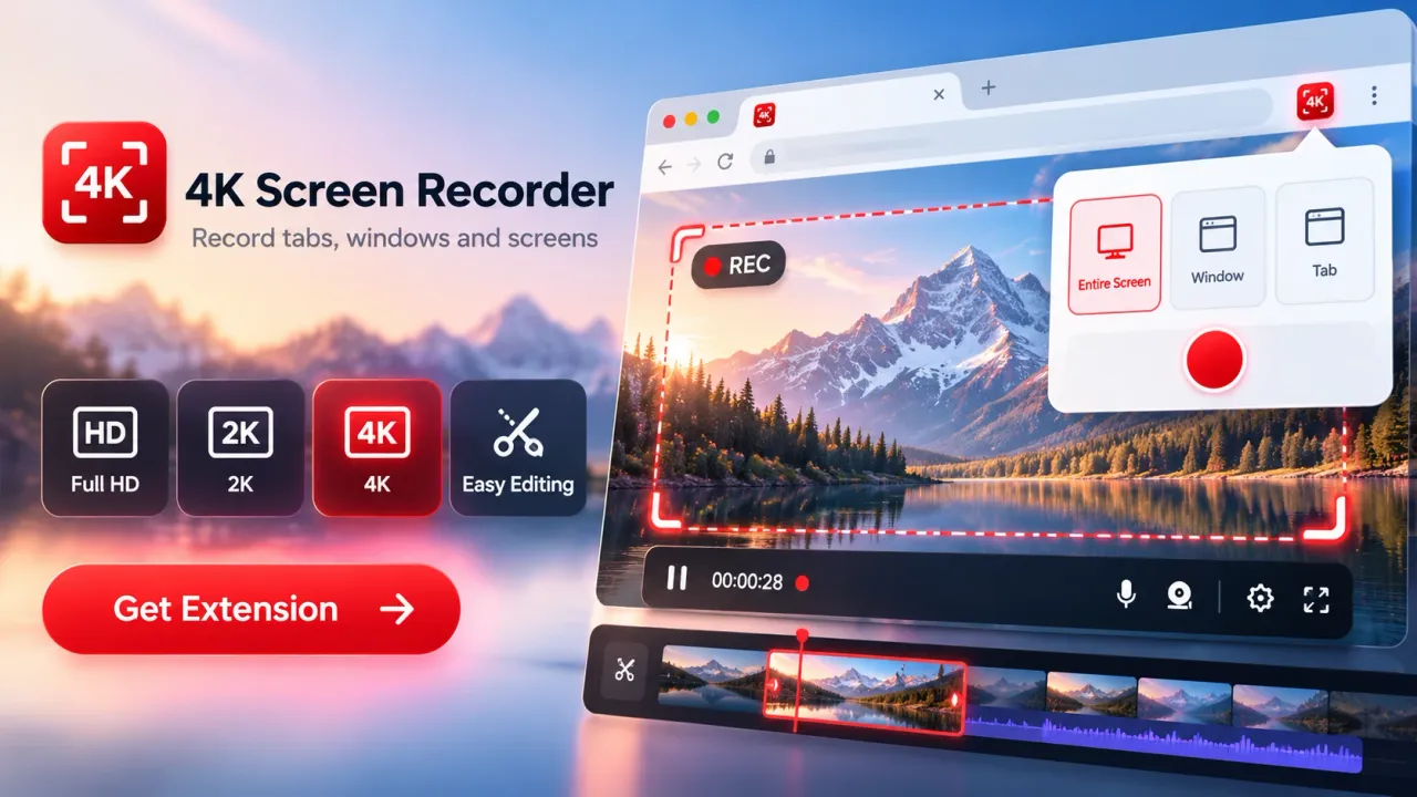 4K Screen Recorder – record tabs, windows and screens in Full HD, 2K or 4K. Get the extension.