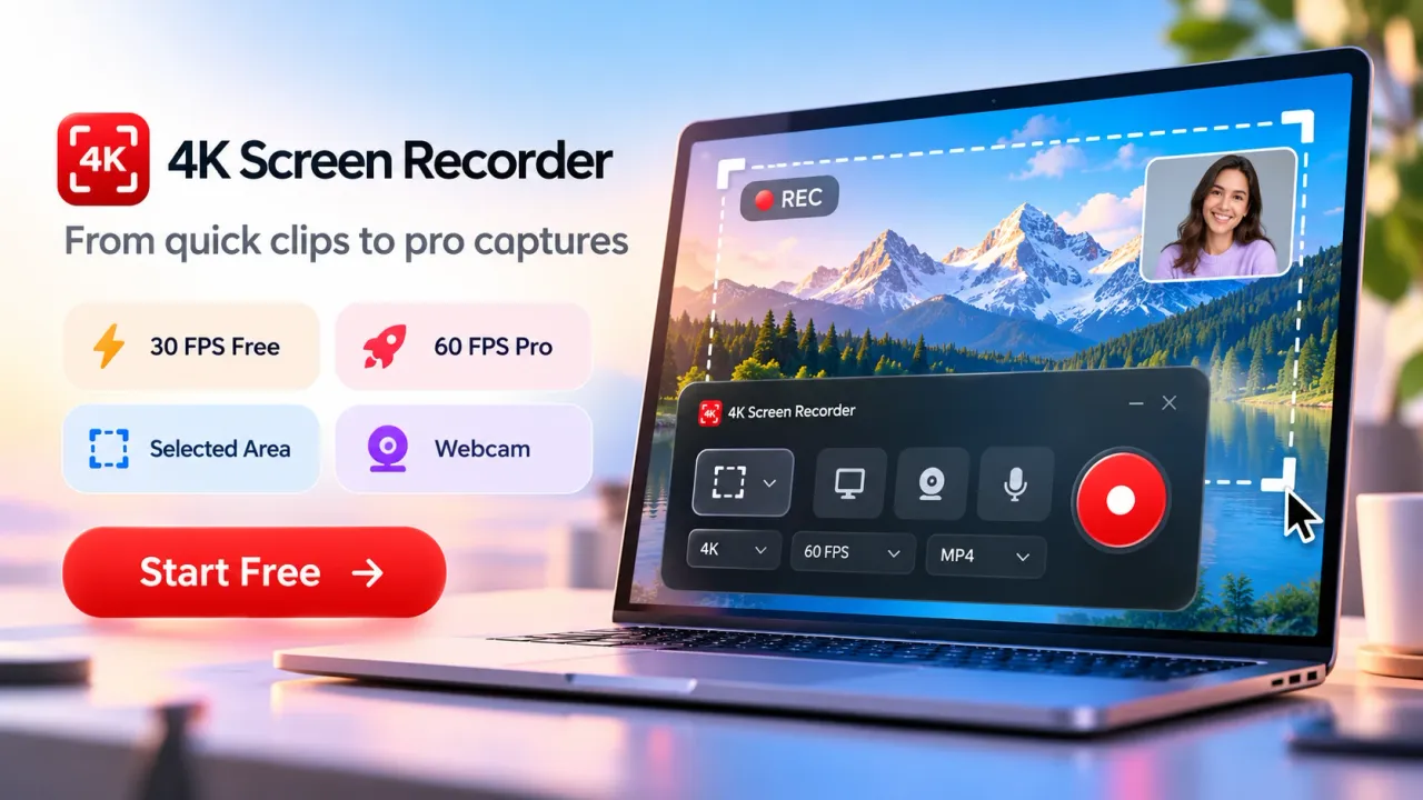 4K Screen Recorder – from quick clips to pro captures: selected area, webcam. Start free.